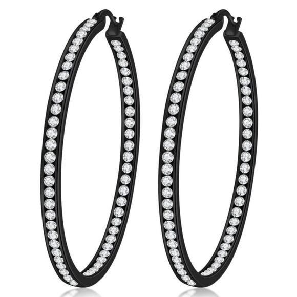 14K Black Gold with White Diamond Cubic Zirconia Big Hoop Latch Back Earrings - Picture 1 of 6